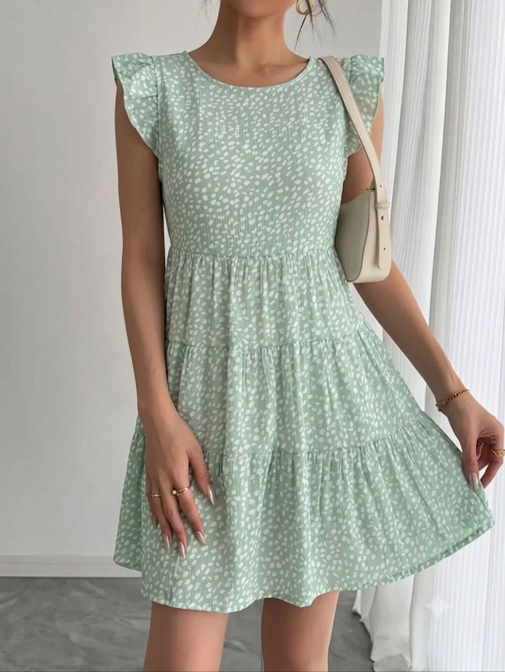 Blu Pepper Sage Green Printed Tiered Mini Dress